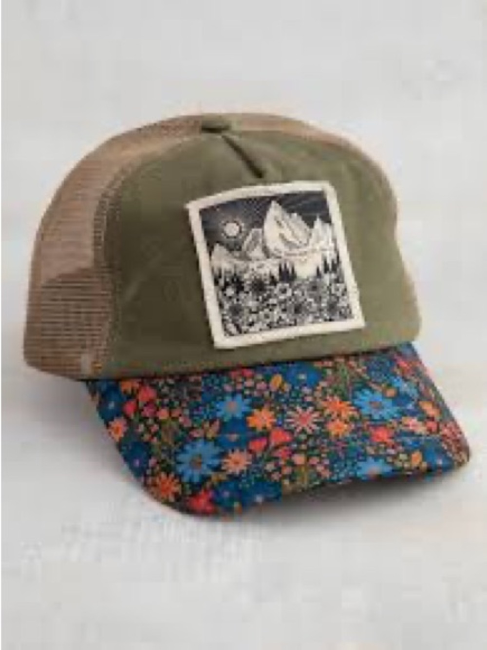 NATURAL LIFE Olive Trucker Hat with Blue Floral Brim